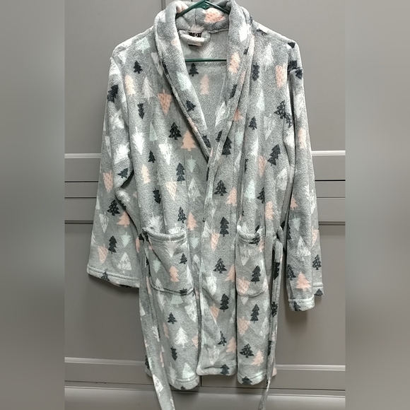 Plush Robe Tree Design Ladies Small w/ Pockets Belt Gray Black Pink Green White - Picture 4 of 16